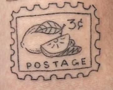 Trader Joes Tattoo, Lemon Postage Stamp Tattoo, Lemon Stamp Tattoo, Tiny Lemon Tattoo, Fruit Stamp Tattoo, Small Fruit Tattoos, Disco Tattoo, Fruit Tattoos, Stamp Tattoo Ideas