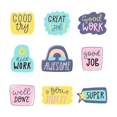 Hand drawn good job and great job sticke... | Free Vector #Freepik #freevector #quote #text #congratulations #sticker Good Job Cards, Good Job Sticker, Kids Lunch Box Notes, Job Letter, Alphabet Crafts Preschool, Hand Art Kids, Work Stickers, Book Background, Reward Stickers