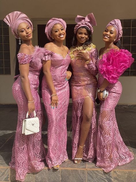 Best Lady Style For Wedding In Nigeria, Pink African Wedding Dress, Nigeria Bridesmaid Dresses, African Bridesmaid Dresses Design, Chief Bridesmaid Dresses Nigerian, Roora Dresses, Nigerian Bridesmaid Dresses, African Bridesmaids, Lace Dress Classy