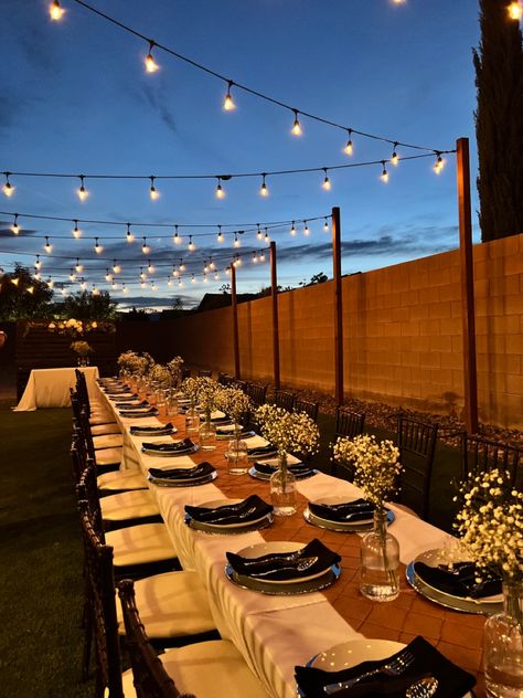 Backyard Lights For Party, Simple Backyard Wedding Centerpieces, Lights For Backyard Party, Backyard Cookout Wedding Reception, Simple Outdoor Dinner Party, At Home Backyard Wedding, Backyard Simple Wedding Ideas, Backyard Patio Dinner Party, Small Outside Wedding Reception