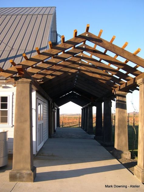 Vaulted pergola with concrete columns. Pergola Design Ideas, Vinyl Pergola, Steel Pergola, Cheap Pergola, Pergola Swing, Covered Walkway, Pergola Attached To House, Metal Pergola, Pergola Design