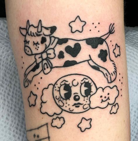 Cow Jumping Over The Moon, The Moon Tattoo, Cow Jumping, Pastel Tattoo, Cow Jumped Over The Moon, Cow Tattoo, Pretty Tattoos For Women, Moon Drawing, The Cow