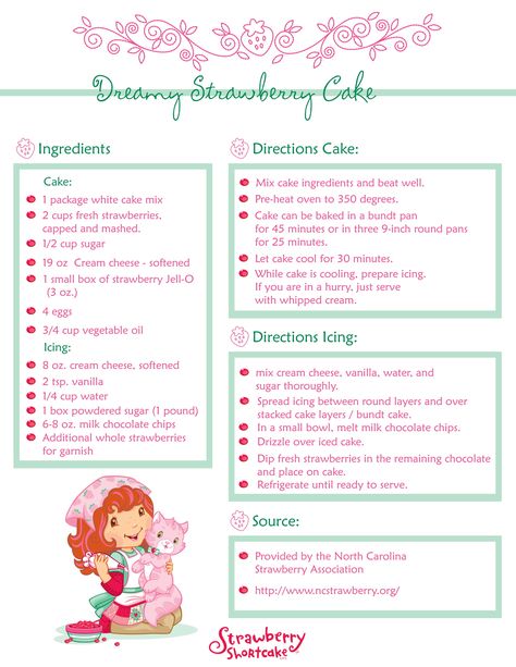 Strawberry Shortcake Cookbook, Baking Recipes Strawberry, Strawberry Shortcake Show, Cottagecore Cake, Cartoon Recipe, Strawberry Shortcake Vintage, Baking Chart, Clean Eating Menu, Homemade Recipe Books