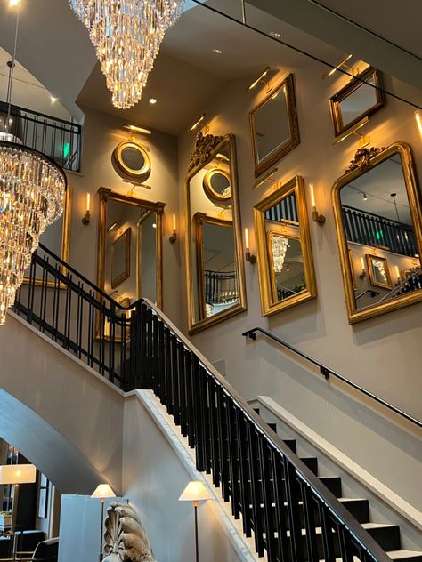 Gold Mirror Wall Collage, Mirror On Stairs, Mirror Stairs, Stairs Light, Mirror Wall Collage, Gold Mirrors, Stairway Decorating, Staircase Designs, Stair Wall