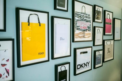 Kat Nelson Designs~Shopping bags made wall decor Shopping Bag Room Decor, Framed Shopping Bags, In Closet Office, Walk In Closet Office, Champagne Decor, Office Diy, Closet Office, Closet Room, Diy Office