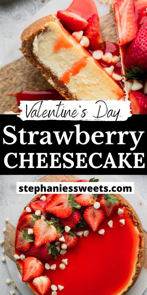 This strawberry white chocolate cheesecake is a creamy baked white chocolate cheesecake in a graham cracker crust. It is topped with an easy homemade strawberry glaze and fresh strawberries. Valentines Day Cheesecake Ideas, Valentine’s Cheesecake, Valentines Cheesecake Recipes, Valentines Day Cheesecake, Valentine Cheesecake, Strawberry Cheesecake Recipe Easy, Homemade Strawberry Glaze, White Chocolate Strawberry Cheesecake, Desert Kingdom