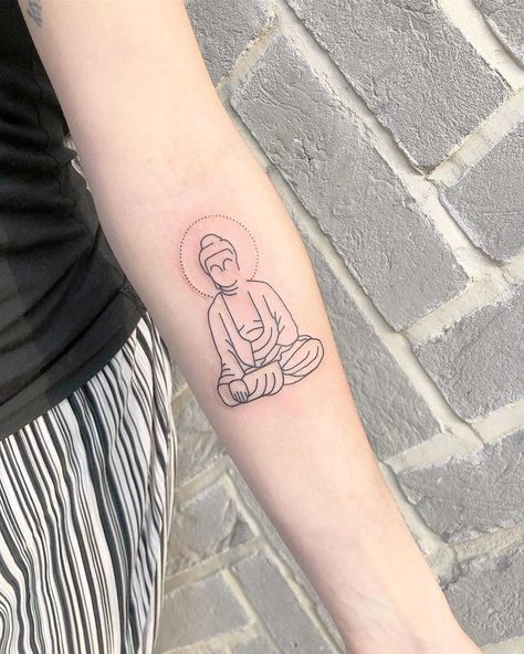 Minimalist Buddha tattoo by Loz Thomas inked on the left forearm Small Buddhist Tattoo, Buddhism Tattoo, Buda Tattoo, Buddhist Tattoo, Buddha Tattoo Design, Cool Wrist Tattoos, Buddha Tattoos, Omerta Tattoo, Forarm Tattoos