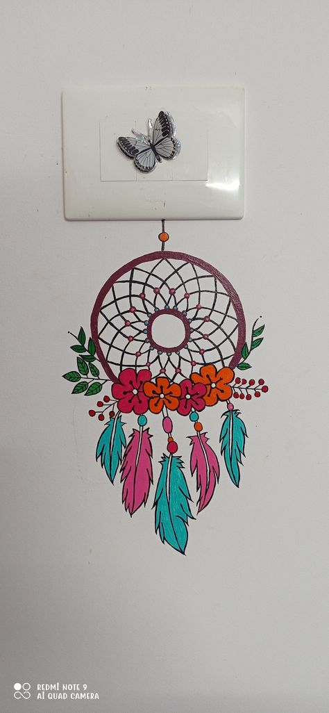 Drawing on wall Dreamcatcher Paintings On Switchboard, Wall Switchboard Painting, Painting Near Switch Board, Wall Painting Near Switch Board, Wall Painting Ideas Switch Board, Switch Board Art Ideas Room Decor, Switch Board Art Ideas Easy, Dream Catcher Wall Painting, Switchboard Art Design