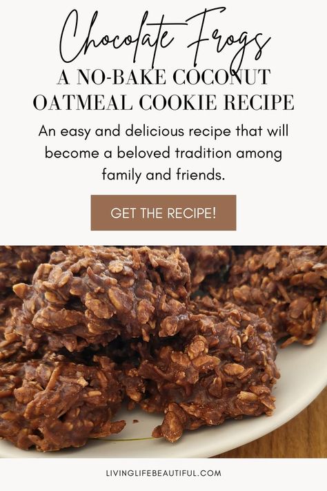 These no-bake chocolate oatmeal coconut cookies, also known as chocolate frogs, are easy and delicious and will become a beloved tradition among family and friends. Click the link for the full recipe! Coconut Oatmeal Cookies Recipes, Christmas Baking Recipes Easy, No Bake Oatmeal, Christmas Baking Easy, Oatmeal No Bake Cookies, Frog Cookies, Chocolate Frogs, Oatmeal Cookie Recipe, Coconut Cookies Recipes