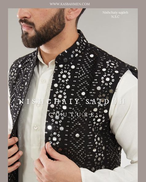 Our signature black mirror work short nehru jacket and long open shrug with intricate thread and sequin work . Shop now at www.kasbahmen.com Festive Black Fitted Nehru Jacket, Black Embroidered Nehru Jacket For Festivals, Luxury Black Nehru Jacket With Mirror Work, Black Fitted Nehru Jacket With Resham Embroidery, Black Nehru Jacket With Resham Embroidery, Work Shorts, Nehru Jacket, Nehru Jackets, Mirror Work