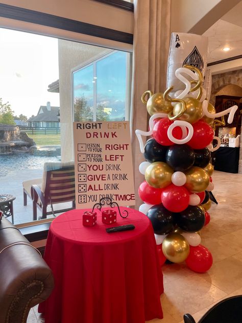 Casino themed party at home #casino #party #gamble # adultpartyideas #casino-party #balloons #partygames Poker Night Birthday Party Ideas, Black And White Casino Party, Home Casino Party, Ace Party Theme, Vegas Party Centerpieces, Men Casino Party, Card Game Theme Party, Gambling Party Theme, Dice Theme Party