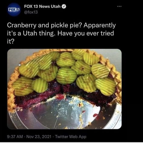 Pickle Pie Recipe, Weird Recipes, Pickle Pie, Cranberry Pie Recipes, Cranberry Pie, Awkward Questions, Pie Day, Funny Bones, Sanders Sides