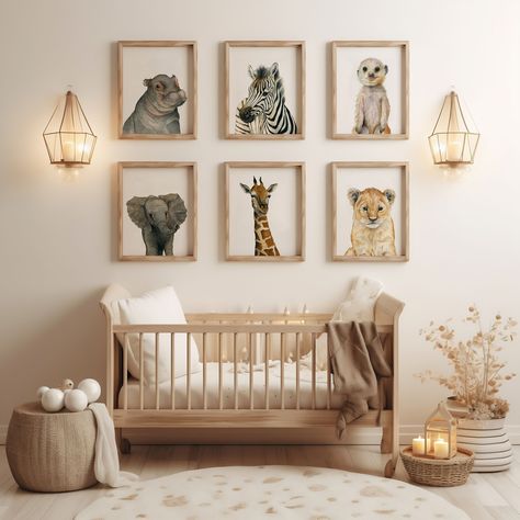 Display this safari nursery gallery set of 6 with these baby animal safari nursery prints. This safari animal nursery print set is hand painted with watercolor baby animals for sweet neutral nursery decor.  𝐏𝐫𝐨𝐝𝐮𝐜𝐭 𝐃𝐞𝐭𝐚𝐢𝐥𝐬 This Safari Nursery Decor Gallery Set is sold in a curated collection available as fine art prints  Size options include  5x7 inch 8x10 inch 11x14 inch 16x20 inch  Or choose to have these sent as high resolution digital files.  Please be mindful that all art prin Neutral Safari Theme Nursery, Zoo Nursery Ideas, Safari Baby Nursery Boys, Boy Nursery Animal Theme, Safari Themed Nursery Boys, Animal Kingdom Nursery, Zoo Animal Nursery Theme, Animal Nursery Ideas, Safari Toddler Room