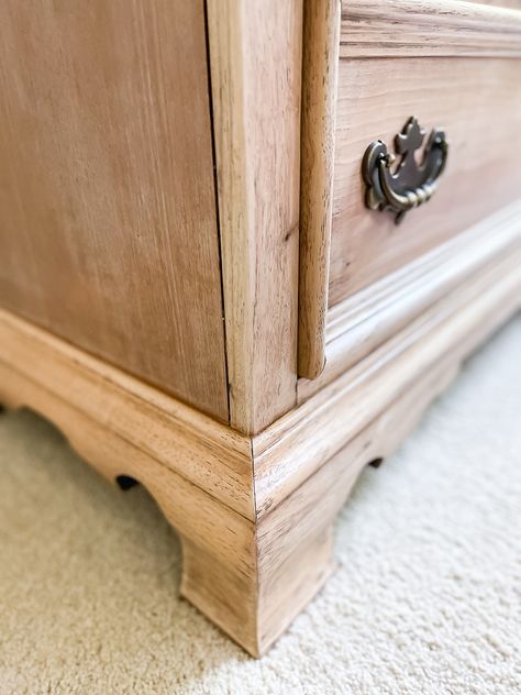 Bleach Oak Dresser, Bleach Wood Furniture Diy, Orange Wood Furniture Bedroom, Light Stained Furniture, Bleached Wood Bedroom Furniture, Refinished Walnut Dresser, Diy Stripping Stain From Wood, Natural Wood Paint Colors, How To Bleach Orange Wood