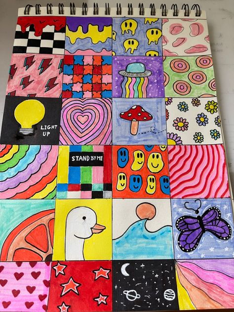 Drawing Box Ideas, Color Theory Drawing Ideas, Square Things To Draw, Compilation Project Ideas, Square Doodles Ideas, Drawing Ideas Aesthetic Colorful, Easy Drawings Color, Easy Designs To Draw Pattern, Easy Posca Drawing Ideas