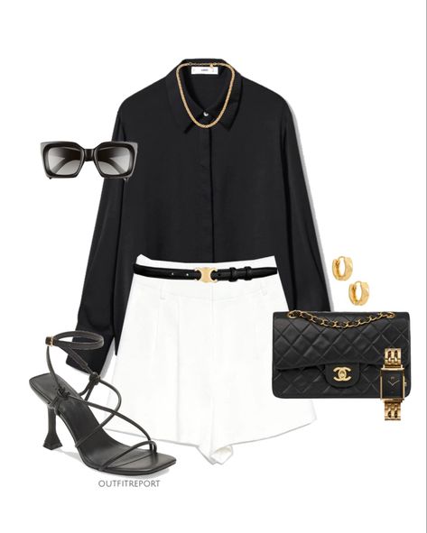 Date night outfit in black and white. White flowy shorts , black silk satin shirt, strappy heeled sandals , gold hoop earrings, Celine square sunglasses gold necklace Follow my shop @outfitreport on the @shop.LTK app to shop this post and get my exclusive app-only content! #liketkit #LTKshoecrush #LTKstyletip #LTKunder100 @shop.ltk https://liketk.it/3LHCn White Flowy Shorts, Career Outfits, Flowy Shirt, Sandals Gold, Flowy Shorts, Strappy Sandals Heels, Virtual Fashion, Satin Shirt, Gold Sunglasses