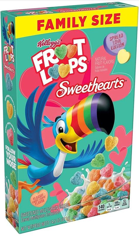 Valentine's Day Snacks, Cereals Packaging Design, Kelloggs Cereal, Froot Loops Cereal, Cereal Kelloggs, Squishy Food, New Cereal, Kids Cereal, Cereal Brands