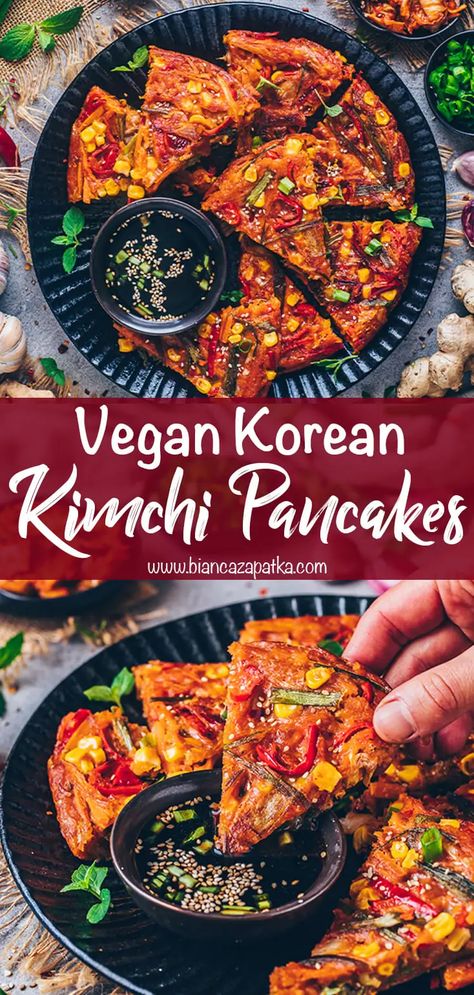 Korean Vegan Recipes Healthy, Vegan Korean Pancakes, Kimchi Pancake Recipe Easy, Vegan Korean Food Recipes, Recipes Using Kimchi, Kimchi Recipe Vegan, Kimchijeon Recipe, Vegetarian Korean Recipes, Kimchi Jeon Recipe