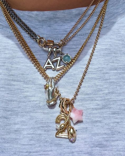 Gems And Gold Oh My | I love a good font, and the initial charms by @j.hannah do not disappoint! 🤗 Tell me down below, where are your favorite initials from? 🩷 | Instagram J Hannah, Jewelry Stack, Visionary Fashion, Necklace Stack, Bling Ring, Mixed Metal Jewelry, Stacked Jewelry, Bling Rings, I Love A