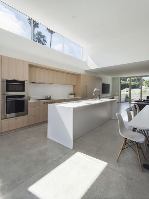 Polished Concrete Floor Kitchen, Concrete Floor Kitchen, Kitchen Concrete Floor, Concrete Kitchen Floor, Polished Concrete Kitchen, White Oak Kitchen, Wooden Cupboard, Clerestory Windows, Concrete Kitchen