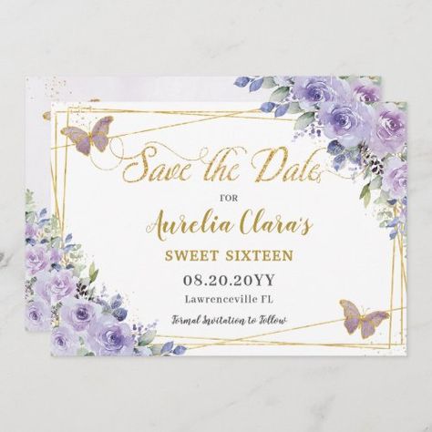 Purple Lilac Floral Quinceañera Sweet Sixteen #quinceanerasavethedatecards #rosesflowersrose #sweet16sixteen18thbirthday #16thbirthdaypartyinvitations #misquinceanos15thbirthday #pastelpurplelilacfloralflowers #gardenbutterflies #goldglittergeometricmodern #chicelegant #budgetprintededitabletemplate Purple Sweet 16, Purple Quince, Quince Invitations, Rose Gold Invitations, Quinceanera Themes, Quinceanera Party, Sweet 16 Invitations, 16th Birthday Party, Formal Invitation