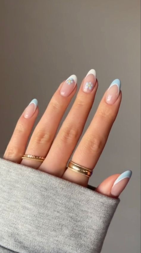 Light Blue Tip Nails French Manicures, Light Blue Nails 2023, Light Blue French Tip Nails With Flowers, Blue French Tip Nails With Flower, Blue Nails For Graduation, Blue Nail French Tip, Coastal Grandmother Nails, Coastal Nails Designs, Costal Granddaughter Nails