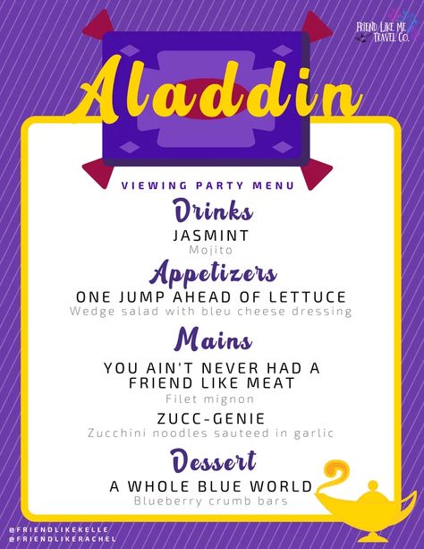 Aladdin Disney Movie Themed Dinner, Themed Dinners Ideas, Disney Movie Night Menu, Disney Themed Movie Night, Disney Movie Night Food, Disney Movie Night Dinner, Disney Menus, Movie Night Dinner, Dinner Menu Ideas