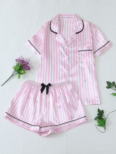 2pcs Satin Pajama Set With Short Sleeve Collared Shirt And Bow Tie Striped Shorts For Women, Summer LoungewearI discovered amazing products on SHEIN.com, come check them out! Shein Pajama Set, Cute Pajama Sets For Women, Pjs Preppy, Pijama Shein, Coquette Pajamas, Short Sleeve Collared Shirt, Pink Pjs, Summer Loungewear, Women Pyjamas