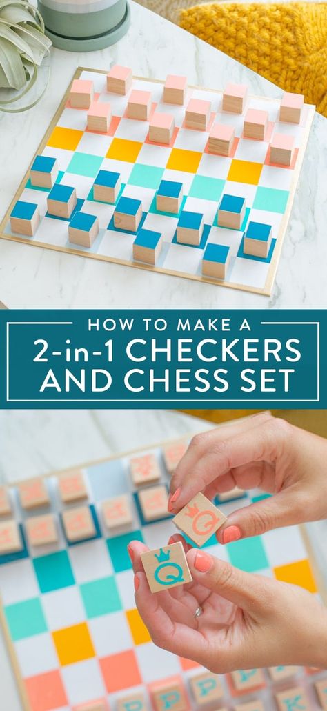 Make a checkers and chess 2 in 1 set to play at home! You can DIY this simple project in an afternoon and be playing a board game in no time. This is great for a family activity or craft idea to try. Awesome for homeschool, summers, and kid craft projects. Click for the tutorial! Homemade Board Games, Handmade Games, Board Games Diy, Board For Kids, Vbs Crafts, Wooden Games, Kid Craft, Can Diy, Easy Activities