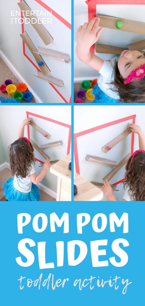 This toddler activity can be set up in 5 minutes and provide hours of screen-free indoor play. Recycled cardboard tubes make perfect slides for little pom poms. See how we set up and played with pom pom slides over and over again and get inspired to #EntertainYourToddler . #toddleractivities #toddlerfun #learningthroughplay #stemactivities #kidsactivities #indooractivities #STEMlearning #playathome #openendedplay Paper Towel Tubes And Pom Poms, Toddler Entertainment, Kids Crafts Toddlers, Recycle Cardboard, Crafts Toddlers, Nanny Activities, Motion Activities, Toddler Games, Montessori Diy