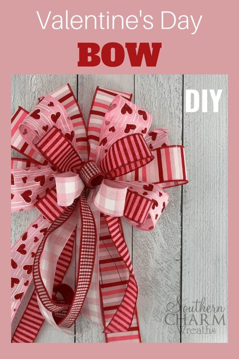 Learn how to make this multi ribbon Valentine's Day Bow from Julie of Southern Charm Wreaths. Multi Ribbon Bow Tutorial How To Make, How To Make A Multi Ribbon Bow, Valentines Bows, Multi Ribbon Bow, Ribbon Bow Tutorial, Valentine Mesh Wreaths, Funky Bow, Bow Making Tutorials, Easy Bow