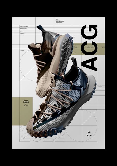 NIKE ACG 2022 CONCEPT on Behance Print Advertising Design, Fashion Art Direction, Shoe Advertising, Shoe Poster, Sneaker Posters, Graphic Design Brochure, Shoes Ads, Nike Design, Creative Shoes