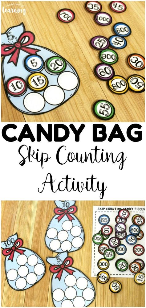 Practice skip counting by 5, 100, and 1000 with this printable candy bag skip counting activity for second grade! Great for second grade math centers! Skip Counting By 5 Activities, Backward Counting Activities, Skip Counting Centers, Backward Counting, Skip Counting Games, Counting By Tens, Skip Counting By 5, Holidays Activities, Skip Counting Activities