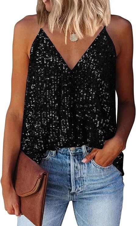 miduo Women's Tank Tops Spring Sparkle Sequin Tops Racerback V Neck Halter Camisole Shirts Sequin Sleeveless Blouses for Concert Pink XS at Amazon Women’s Clothing store Black Sequin Tank Top Outfit, Sparkly Shirt Outfit, Black Sequin Top Outfit, Sequin Tank Top Outfit, Sparkly Sequin Top, Sequins Top Outfit, Swift Outfits, Sparkly Tank Top, Womens Tank Tops Summer