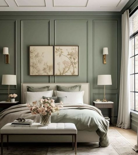 Interior Design Bedroom Colour, Sage Green Interiors, Master Bedrooms 2024 Trends, Soothing Interiors, Light Green Bedrooms, Sage Bedroom, Green Bedroom Walls, 2024 Bedroom, Jade Design