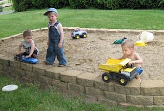 Playground Backyard Landscaping, Playground Backyard Diy, Backyard Sandbox, Kid Friendly Backyard, Diy Sandbox, Patio Blocks, Masonry Blocks, Outdoor Play Spaces, Family Backyard