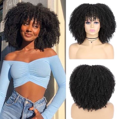 Curly Hair Wig With Bangs, Afro Curly Wigs For Black Women, Fluffy Wigs For Black Women, Crochet Afro With Bangs, Short Curly Wig With Bangs, 70s Wig Black Women, Crochet Wig For Black Women, Afro Wig Hairstyles, Curly Bangstyle Hair Black Women