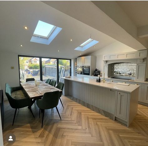 Curated Kitchen, Conservatory Kitchen, Kitchen Looks, Kitchen Diner Extension, House Extension Plans, Open Plan Kitchen Diner, Herringbone Wood Floor, Open Plan Kitchen Living Room, Two Tone Kitchen