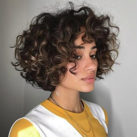 Short Edgy Curly Hair, Curly Bob With Glasses, Edgy Curly Bob, Round Curly Bob, Chin Length Curly Bob Hairstyles, Short Hair Big Curls, Curly Pixie With Bangs, Side Curly Hair, Permed Short Hair