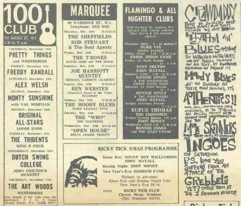 Advert - 100 Club, Marquee, Flamingo Club & the Crawdaddy. 1960s. Uk Festivals, Club Scene, Reading Festival, Swinging 60s, London Poster, Club Poster, Tunbridge Wells, London Clubs, 1960s Mod