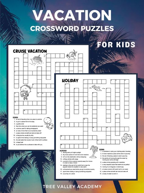 Free printable vacation themed crossword puzzles for kids. The pdf is free to download and includes answer sheets. The word puzzles make fun vocabulary worksheets as most of the clues are definitions of the words. The puzzles are best for grade 5 and older. One of the puzzles would be especially ideal for kids going on a cruise vacation. The other puzzle for kids traveling to a warm sunny resort. The pdf is free and includes answers. Print a copy for your family's next holiday. Crossword Puzzles For Kids, Holiday Word Search, Word Puzzles For Kids, Printable Crossword Puzzles, Fun Worksheets For Kids, Halloween Word Search, Cruise Kids, Holiday Words, Holiday Puzzle