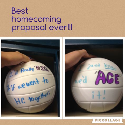 The way every volleyball player wants to get asked to homecoming!!! Volley Ball Homecoming Proposal, Volleyball Themed Homecoming Proposal, Hilarious Promposal, Homecoming Proposal Volleyball, Volleyball Promposal Ideas, Prom Signs, Volleyball Hoco Proposals, Proposal Ideas Simple, Asking To Homecoming