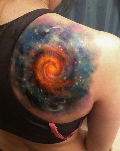 This one is among the most simplest designs you can get. You wouldn’t really need intricate designs most of the time; just let the colors come to life. Tattoo Ideas Shoulder, Space Tattoo Ideas, Space Tattoo Sleeve, Cool Shoulder Tattoos, Colorful Tattoo, Full Tattoo, Universe Tattoo, M Tattoos, Galaxy Tattoo