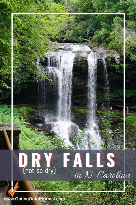 Dry Falls is not so dry! You'll love this walk under the falls. There are some amazing things to do in North Carolina, but make sure in your travel plans you add a road trip to Dry Falls. Located in the Nantahala National Forest, which has some beautiful things to do. We also share a list of some other unique and different things to see and do that are more off the beaten path. #waterfall #northcarolina #travel #NC #dryfalls #hiking