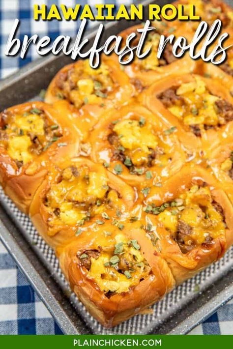 Breakfast Rolls - Plain Chicken Hawaiian Roll Breakfast, Breakfast Rolls Recipe, Hawaiian Breakfast, Sliders Recipes Hawaiian Rolls, Maple Syrup Glaze, Breakfast Strata, Hawaiian Roll, Slow Cooker Casserole, Breakfast Slider