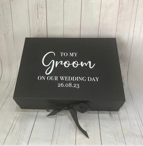 Lovely personalised Groom magnetic gift box with ribbon- Groom gift box - Can have any wording - Groom gifts, Groomsmen gifts, Groomsmen proposal, Best man gift - personalised gift - made to order. Perfect Groom - Groomsman - Groomsmen - Best Man - Father of the bride - thank you gift. Alternative to Groom box/ Groomsmen box/boxes.  These groom boxes measure;  Medium - (a5) 23 x 17 x 7cms Large - (a4) 31 x 22 x 10cms  Personalised Groom box with ribbon is available in white, black, pink or Kraft Wedding Day Present For Bride, Present For Groom From Bride, Grooms Box Ideas, Groom Proposal Boxes, Wedding Present For Husband, Groom Gift Ideas From Bride, Gift Ideas For Groom From Bride, Gifts For The Groom From The Bride, Groom Box From Bride