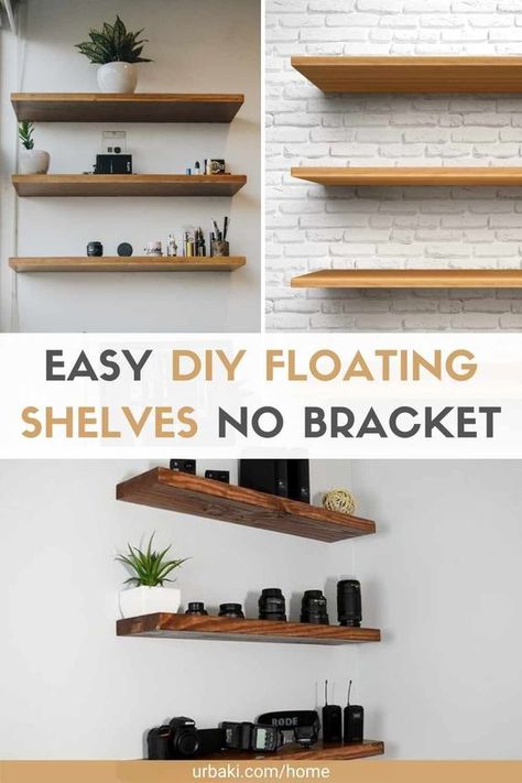 How To Make Rustic Floating Shelves, Floating Shelves Tutorial, Adhesive Floating Shelves, No Drill Floating Shelves, How To Make A Floating Shelf Diy, Diy Small Floating Shelves, Easy Diy Display Shelves, Diy Floating Book Shelves, Easy Diy Floating Shelves