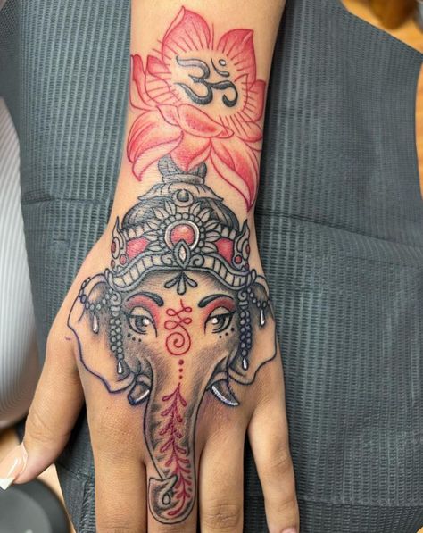 Elephant Tattoos Hand, Hand To Arm Tattoo Women, Elephant Hand Tattoo, Red Tattoo Sleeve, Red Sleeve Tattoo, Colorful Tattoos For Black Women, Small Dope Tattoos, Egyptian Tattoo Sleeve, Hand Tattoos For Girls