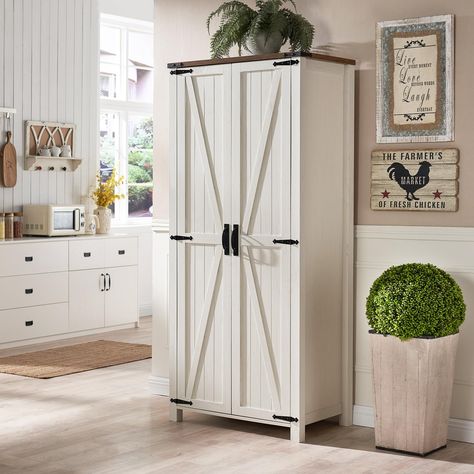 PRICES MAY VARY. FARMHOUSE DOUBLE DOORS WIDE CABINET WITH THOUGHTFUL DESIGN BEHIND: Product Overall Measurement: 32"W × 20"D × 72"H. Our inner depth is 18 Inches which differs from most cabinets that vary from 11''D to 16''D in the market. This inner 18'' depth enables you to hang overcoats and T-shirts avoiding wrinkles and extrusion. As for the design, It features a perfect blend of modern & farmhouse. The two-tone rustic finish delivers a naturally aged feel and creates a cozy and retro vibe. Farmhouse Pantry Cabinets, Rustic Pantry, Decorative Storage Cabinets, Cabinet For Kitchen, Farmhouse Storage Cabinets, Door Farmhouse, Pantry Storage Cabinet, Barn Door Designs, Storage Cabinet Shelves