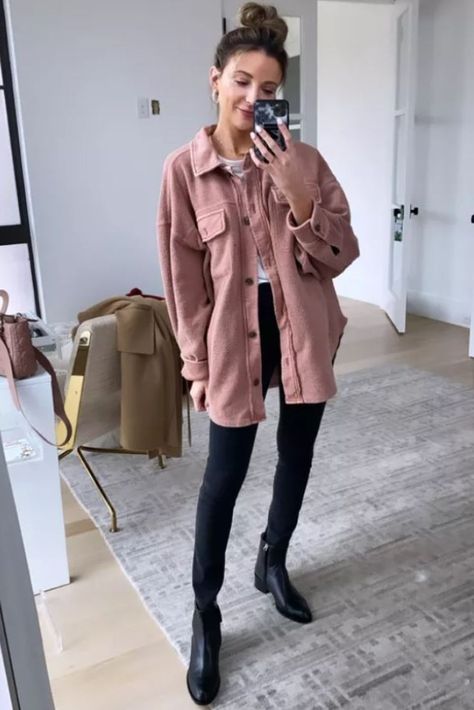 Outfits for the winter, leggings, pink shacket and chelsea boots. Outfits With Pink Jacket Casual, Mauve Shacket Outfit, Blush Shacket Outfit, Pink Shirt Jacket Outfit, Pink Shirt Fall Outfit, Pink Shacket Outfit Women Winter, Pink Corduroy Shacket Outfit, Pink Shirt Winter Outfit, Casual Pink Outfits Winter